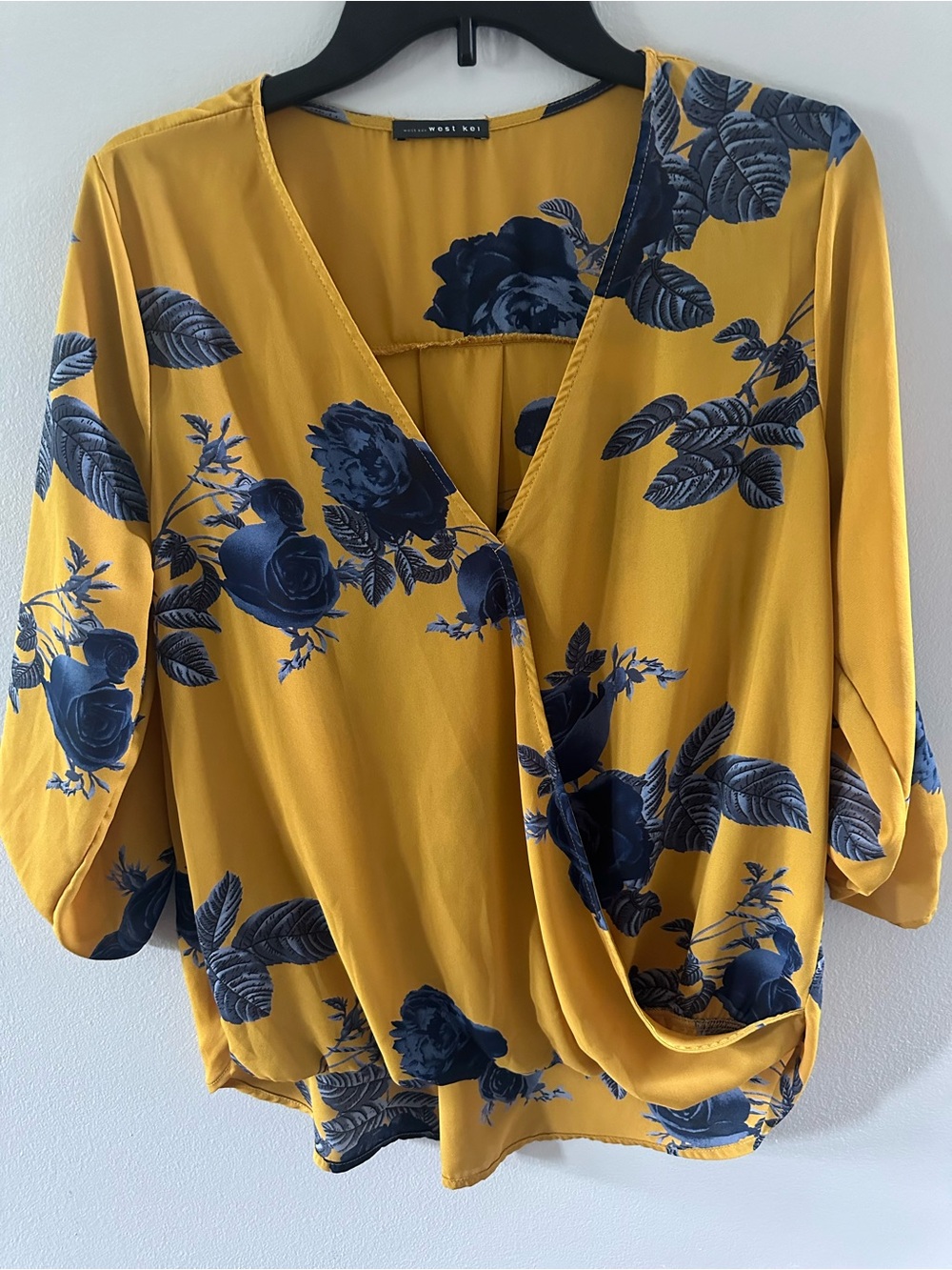 West Kei Mustard Yellow Blue Floral Blouse 3/4 Sleeve Top